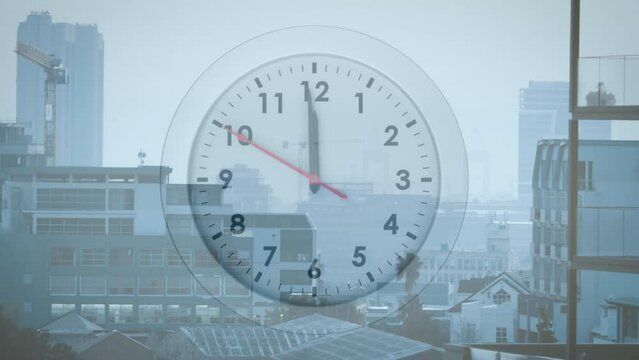 Animation of clock with moving hands over modern cityscape
