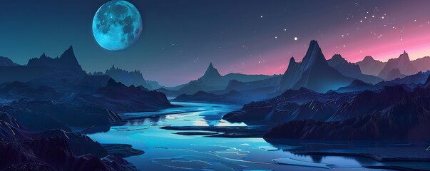Fototapeta na wymiar Retro futuristic landscape with blue river, dark mountains and moon Generative Ai 