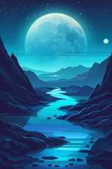 Fototapeten Retro futuristic landscape with blue river, dark mountains and moon Generative Ai  © LayerAce.com