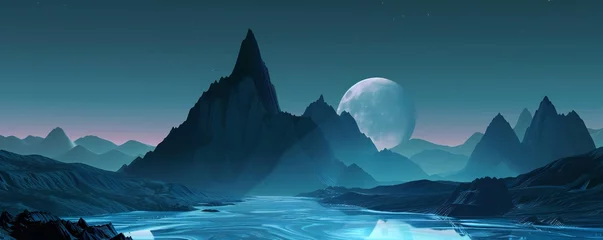 Poster Retro futuristic landscape with blue river, dark mountains and moon Generative Ai  © LayerAce.com