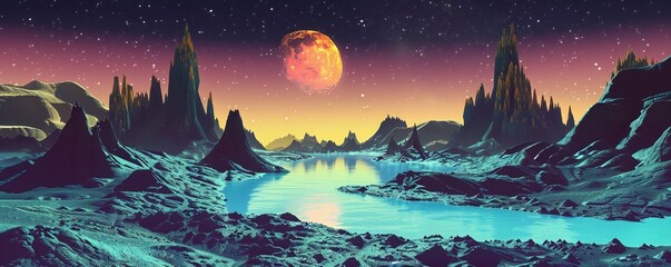 Retro futuristic landscape with blue river, dark mountains and moon Generative Ai 