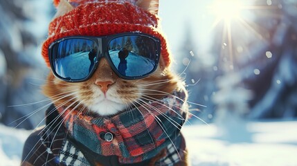 A stylish cat snowboarding down a slope. - obrazy, fototapety, plakaty
