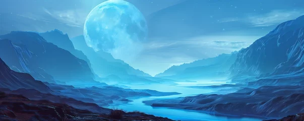 Papier Peint photo Lavable Bleu Retro futuristic landscape with blue river, dark mountains and moon Generative Ai 