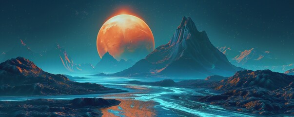 Retro futuristic landscape with blue river, dark mountains and moon Generative Ai 