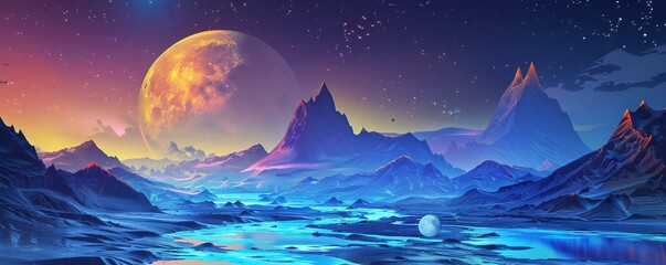 Obraz premium Retro futuristic landscape with blue river, dark mountains and moon Generative Ai 