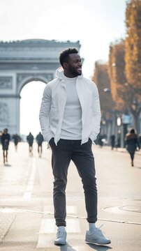 portrait of african american man in casual clothes walking on the street