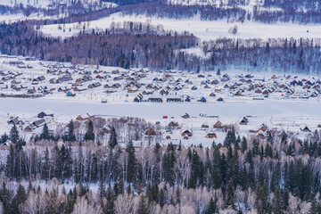 Hemu Village, Snowy Mountains, Forests, and Winter Snow Scenery in Xinjiang Uygur Autonomous...