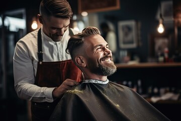 Man getting a haircut in a barbershop, Photo young bearded man sitting and getting haircut in barber shop, AI generated - obrazy, fototapety, plakaty
