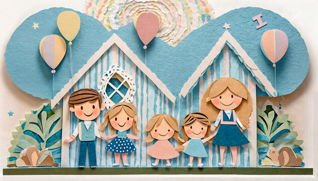 A paper cutout of a blue house with five children standing outside of it. The children are holding hands and there are trees and stars in the background.