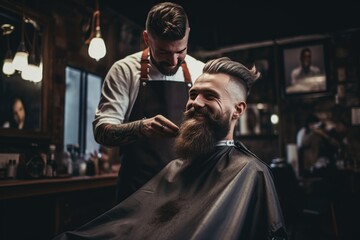 Man getting a haircut in a barbershop, Photo bearded man in barbershop work in the barber shop hairdresser cutting hair , AI generated - obrazy, fototapety, plakaty