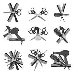 Collection of compositions for beauty salons, hairdressers, isolated on a white background. Vector set of logos from combs, hair dryer, scissors, spray bottle.