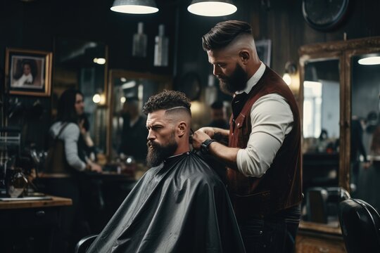 Man getting a haircut in a barbershop, Photo bearded man in barbershop work in the barber shop hairdresser cutting hair , AI generated