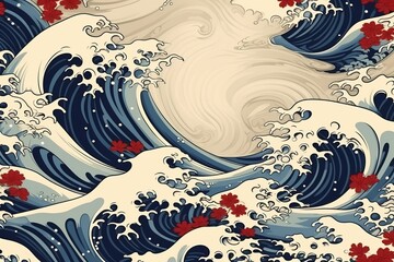 Oriental waves drawn in a vintage Japanese style, creating an atmosphere of tranquility and sophistication in the background, Generative AI