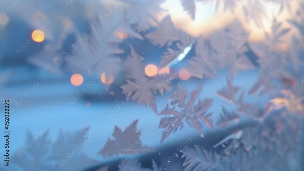 Poster the intricate patterns of ice crystals on a frosted windowpane reflecting the soft glow of winter li