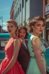 Group portrait of people dressed in 1950s fashion