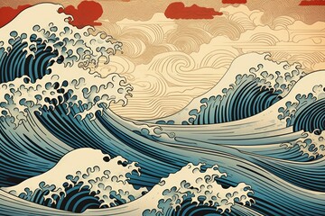 Oriental waves in a vintage Japanese illustration, blending traditional artistry with timeless elegance in a sophisticated background, Generative AI