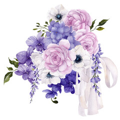 Floral bouquet with watercolor hand draw purple flowers, poppy, wisteria, peony, delicate bow, isolated on transparent background, PNG files