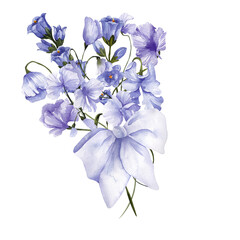 Floral bouquet with watercolor hand draw purple flowers, poppy, wisteria, peony, delicate bow, isolated on transparent background, PNG files