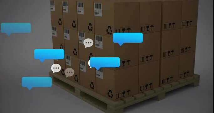 Animation of social media message icons over stacked cardboard boxes on pallet