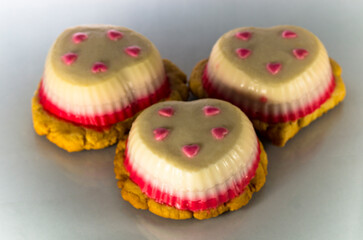 Group of mousse cookies on a gray background