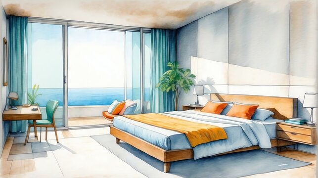 Watercolor architectural illustration of a modern minimalist bed room from Generative AI