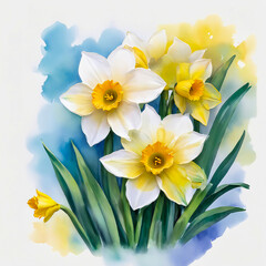 Daffodil flowers. watercolor illustration with splashes and white background.
