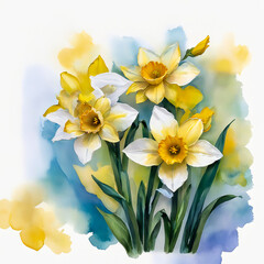 Fototapeta na wymiar Daffodil flowers. watercolor illustration with splashes and white background.