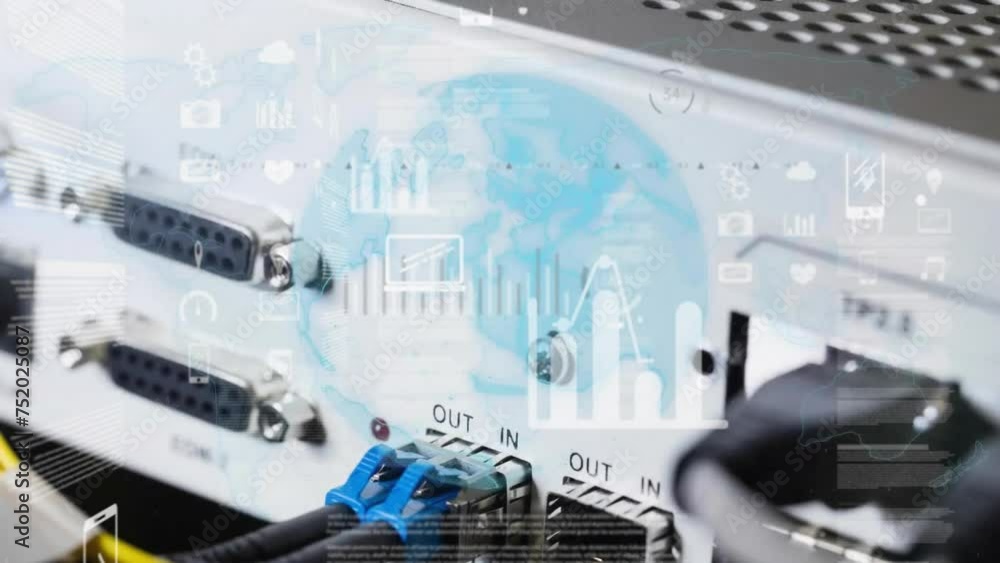 Poster animation of globe and media icons processing data over computer server ports