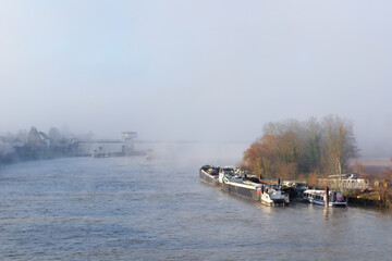 Foggy morning along the Seine river in Champagne-sur-Seine village
