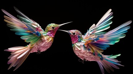 Fototapeta premium Paper art hummingbirds in flight on a black background