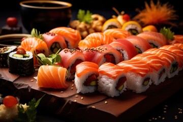 Rainbow Sushi Roll with salmon ,Sushi roll japanese food