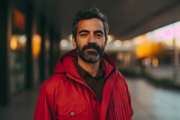 Portrait of a handsome bearded man in a red jacket on the street.