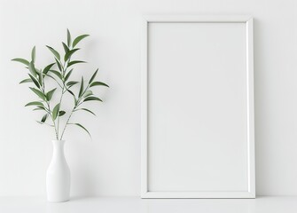 white poster with bud vase in a wooden frame inside a white corner