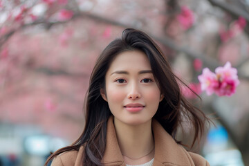 Naklejka premium happiness smiling Asian woman lively in the city with sunlight pink sakura flower tree, smiling faces reflect the joy of a blissful scene, spring summer against a blurred bokeh background