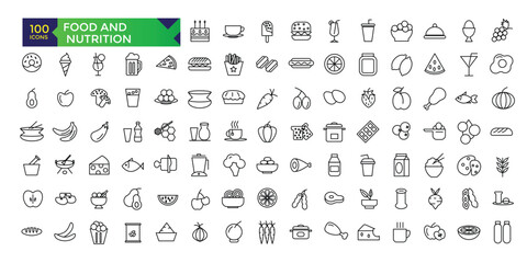 Food & Nutrition line icons related to wellness, wellbeing, mental health, healthcare, cosmetics, spa, medical. Outline icon collection.Vector illustration.