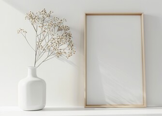 white poster with bud vase in a wooden frame inside a white corner