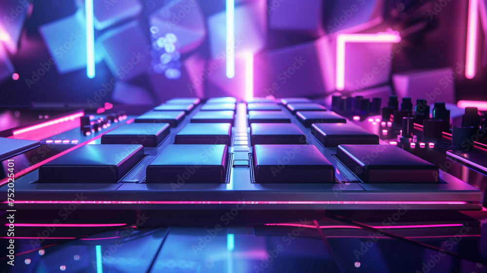 Poster a sleek digital drum pad against a futuristic neon backdrop, its illuminated pads ready to be tapped