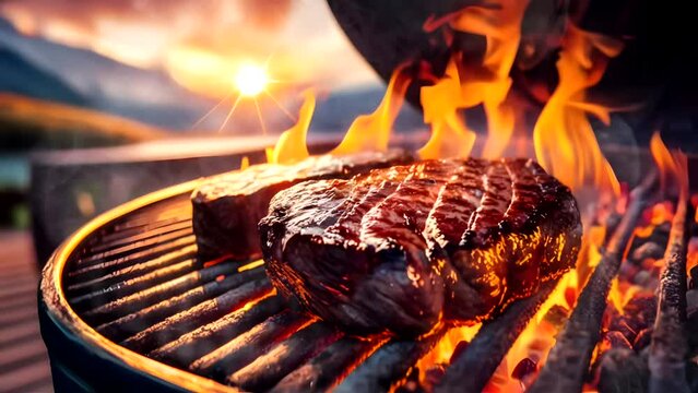 Grill steak, look smoke and burning, generated by AI