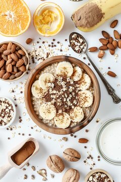 studio photo on a white background -  buckwheat with additions: banana, oranges, almonds, cocoa, almond milk