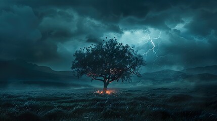 Tree in empty dark flat grass land with storm, the tree is slowly burning down, mountains in the distance, flat, cold colors, nighttime, blue colors - obrazy, fototapety, plakaty