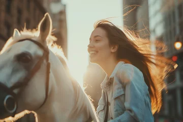 Gordijnen women ride horses with happiness and lively and fashionable smiles, women's happiness Freedom in beauty, gliding among the beautiful city and warm morning light. © BrightSpace
