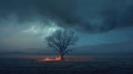 Tree in empty dark flat grass land with storm, the tree is slowly burning down, mountains in the distance, flat, cold colors, nighttime, blue colors