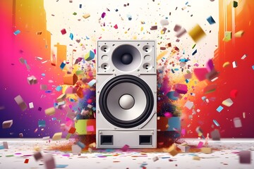 background with speakers, A party with an analog music player turntables in a DJ booth