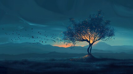Fototapeta na wymiar Tree in empty dark flat grass land with storm, the tree is slowly burning down, mountains in the distance, flat, cold colors, nighttime, blue colors
