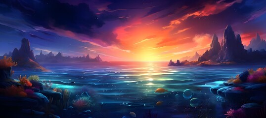 Night landscape illustration colorful anime landscapes retro sunset illustration, Amazing view of colorful sunset twilight sky - obrazy, fototapety, plakaty