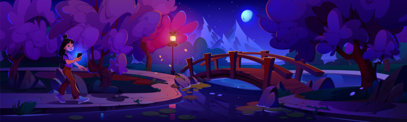 Woman with mobile phone walking in city park with bridge over pond or river, pink flowering sakura trees and lanterns at night. Cartoon spring vector of japanese cherry woods in urban garden. © klyaksun