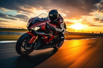 Motorcycle rider rides on a race track at sunset. Motion blur, Motorcycle rider on sport bike rides...