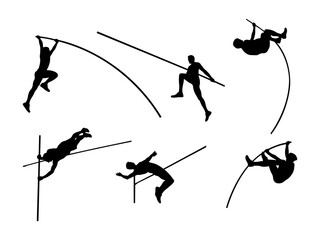 Set of Pole Vault Silhouette in various poses isolated on white background - obrazy, fototapety, plakaty