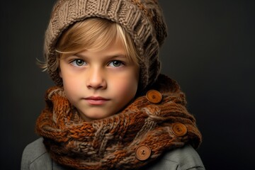 Portrait of a beautiful little girl in a warm hat and scarf. Winter fashion.
