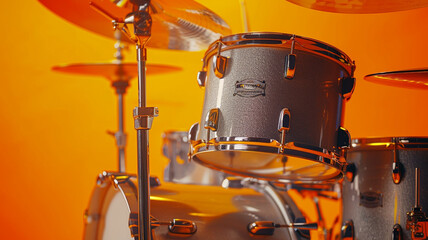 Fototapeta na wymiar A sleek silver drum set against a dynamic orange backdrop, its drums and cymbals poised for energetic beats that drive the rhythm of the music forward with intensity and vitality.